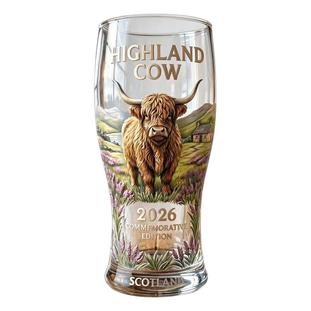 Highland Cow Commemorative Beer Glass 2026 Edition Crystal Pint Glass Vintage Animal Design Drinking Glass Scotland Souvenir