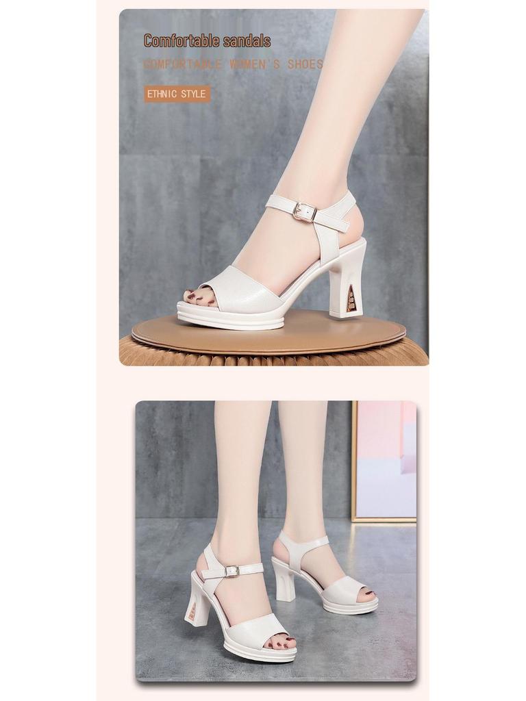 Sandale de damă 2023 cu toc gros și o singură baretă - Versatile, cu talpă moale, modă de vară pentru femei de vârstă mijlocie