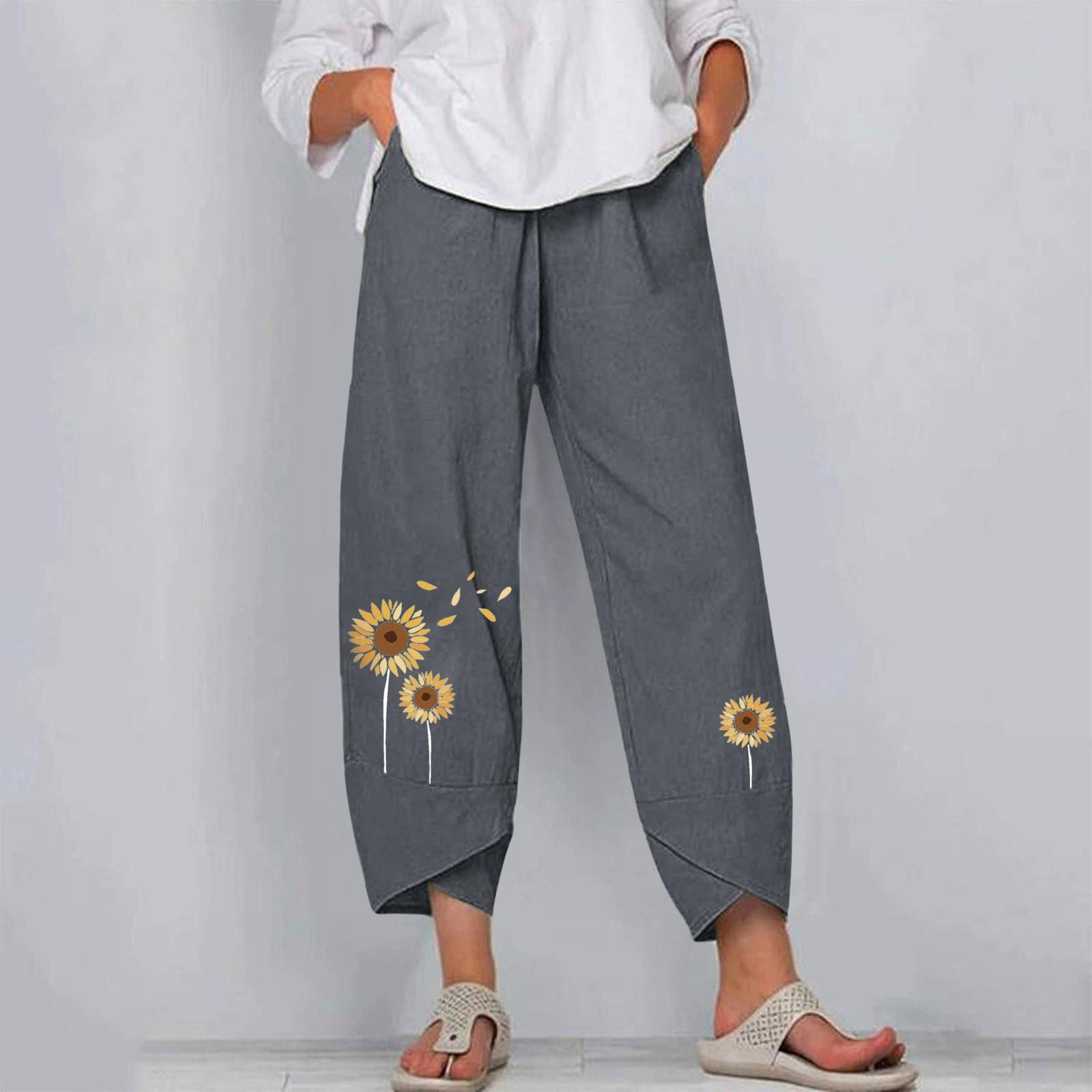 

Женские повседневные летние хлопковые свободные длинные прямые брюки со средней талией и принтом XXXXL серый