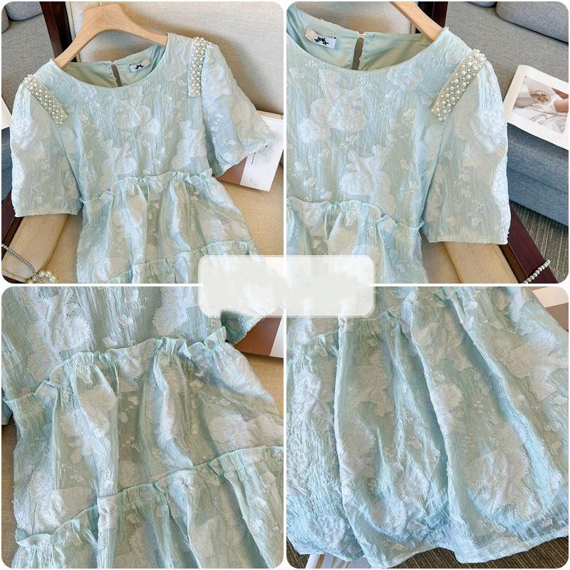 Women's Summer Big Size Bubble Sleeve High Waist Dress Fresh Sweet Round Neck Midi Dresses