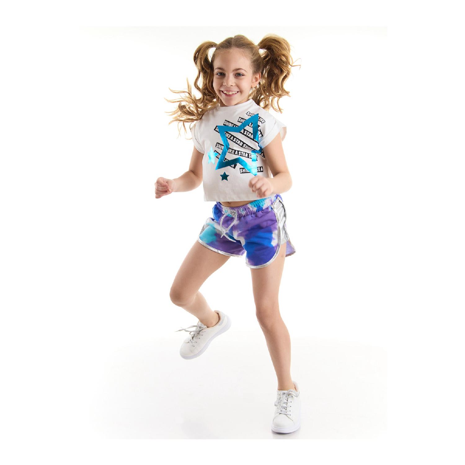

Blue Star Girl Girl Crop Ball Белая футболка Батик Шорты Комплект