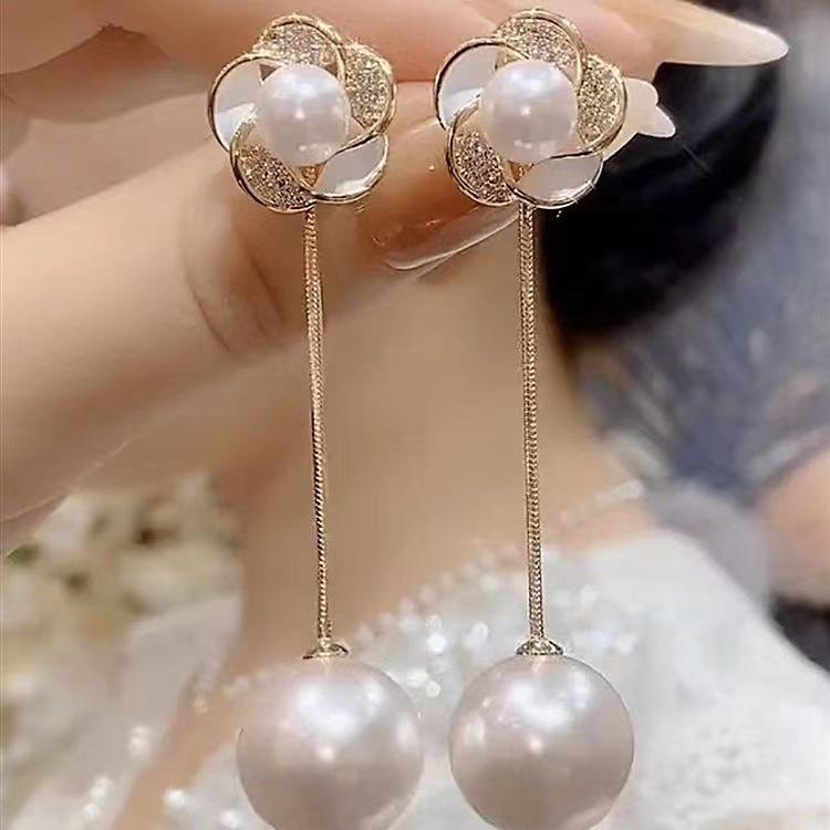 Elegant Rhinestone Flower Pearl Tassel Earrings for Women - Convertible Wear