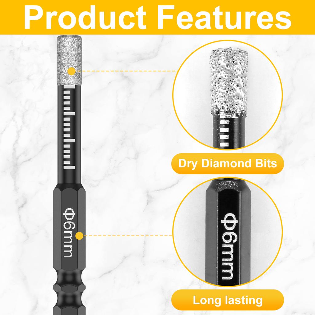 7Pcs 6mm Dry Diamond Drill Bits Set Vacuum Brazed Core Drill Bit Kit Quick Change Hex Shank for Porcelain Granite Tile Marble