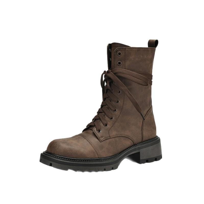 Travel Leather Brown Sweet Cool Middle Heel Martin Boots Women's Summer Xinjiang Boots 2025 New British Lace-up Short Boots