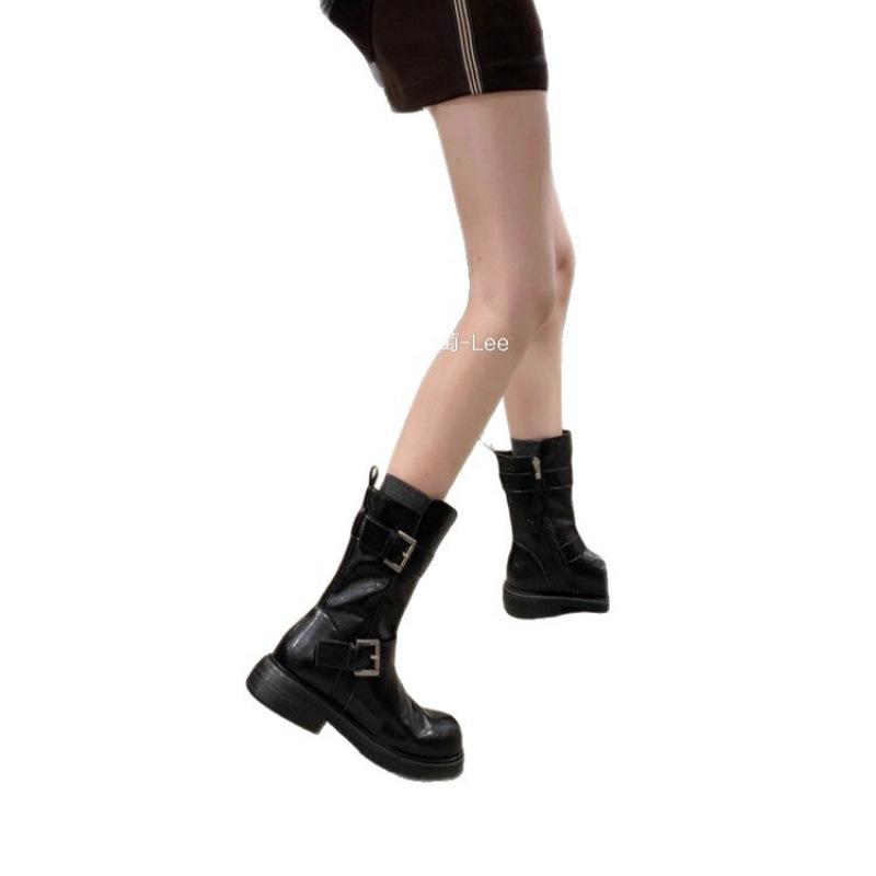 Matka winogronowa w tym samym stylu, 4 cm wyższa~ dwa rodzaje wysokości cholewki podwójne sprzączki z okrągłym noskiem zamek błyskawiczny z boku grube podeszwy buty jeździeckie damskie zimowe