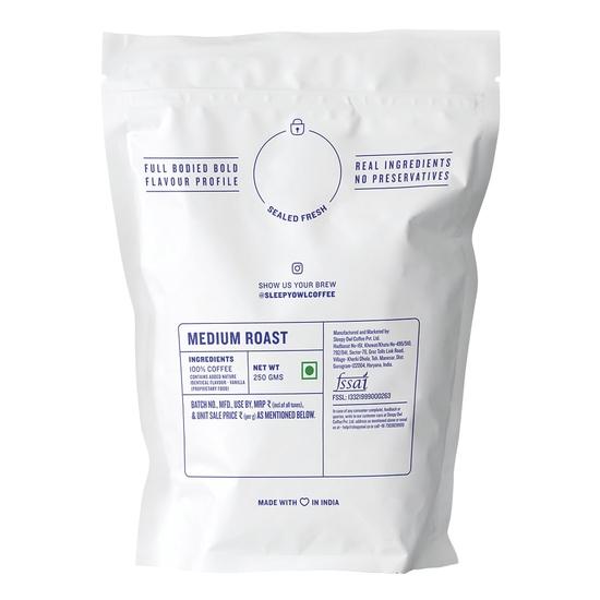 Sleepy Owl French Vanilla Ground Coffee | Fine Grind Coffee | Moka Pot, Home Espresso | Medium Roast | 100% Arabica | Freshly Roasted & Ground | 250g