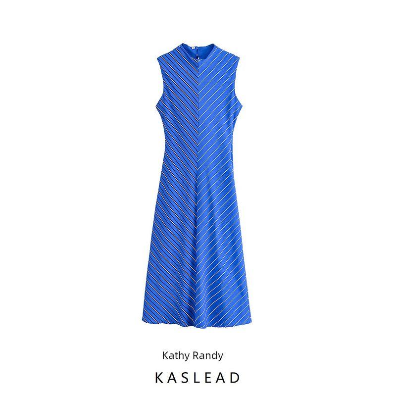 Kaslead New Women clothes Western Style Half-high Collar Stripe Long Dress 87007204