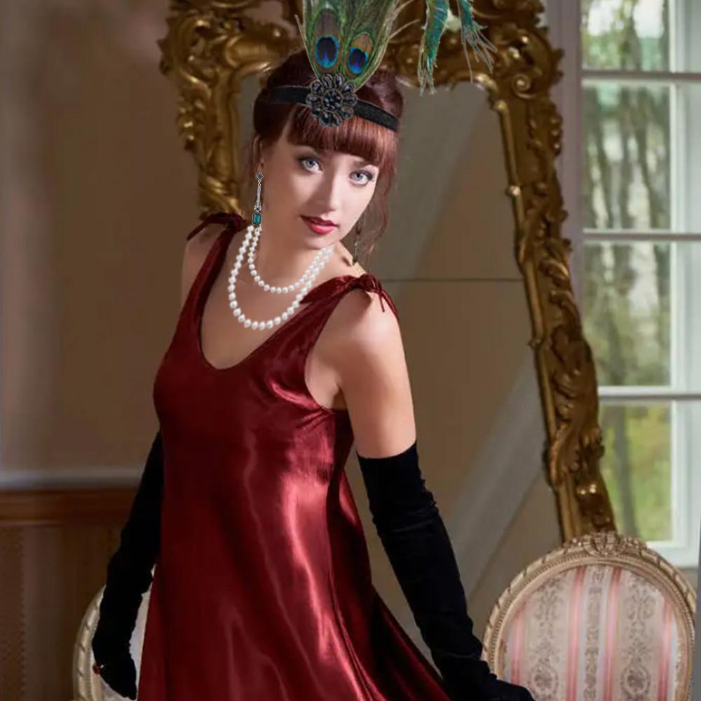 

Ожерелье, перчатки, реквизит для костюма, головной убор с перьями павлина, аксессуары в стиле Гэтсби, повязка для волос с перьями