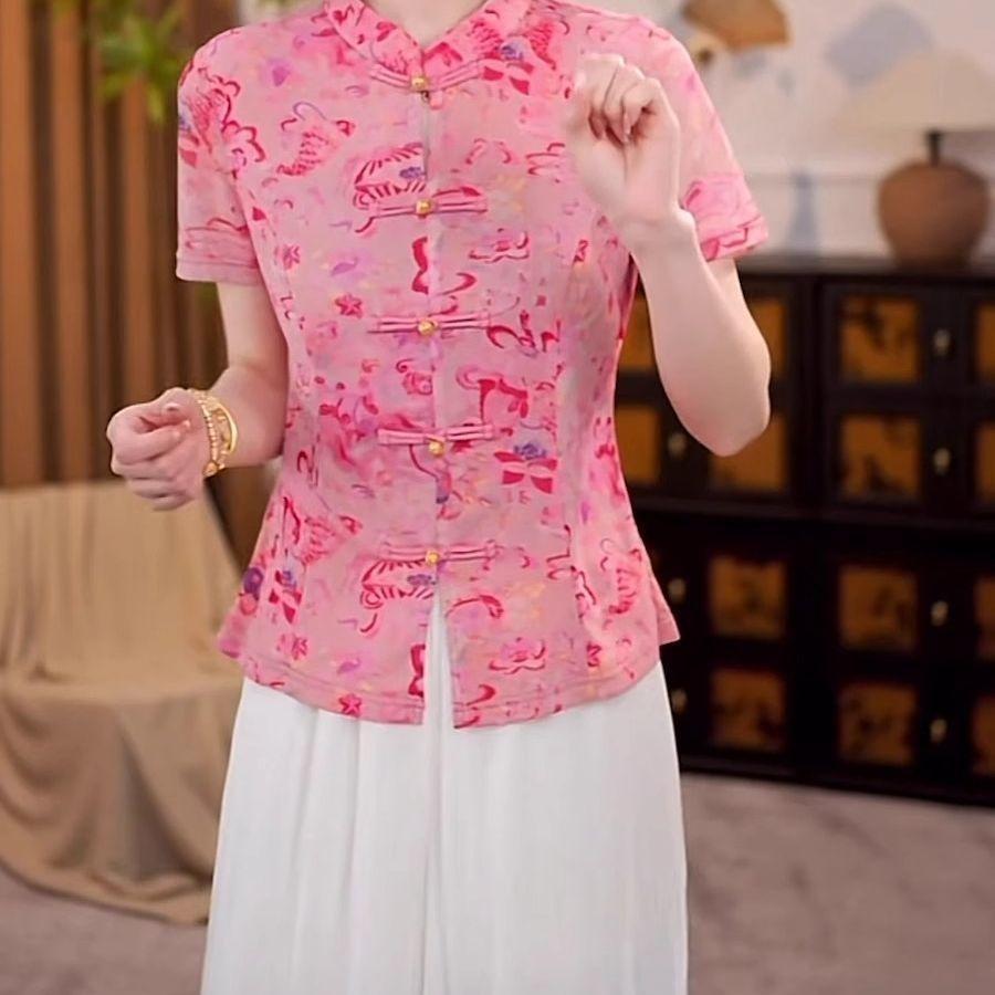 Short-sleeved shirt women's 2025 summer stand-up collar with printed shirt, pink front shoulder top