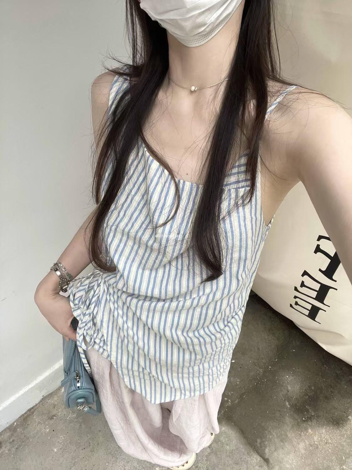 Summer new niche design sense irregular striped college style loose straps sleeveless vest suspender top women S