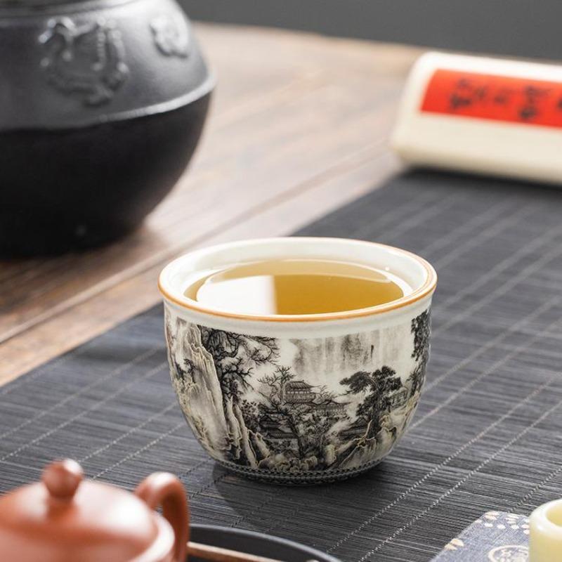 65ML Ru Kiln Ink Landscape Round Tripod Teacup, Personal High end Master's Cup, Single Cup, Opening, Nourishing Ceramic Tea Cup