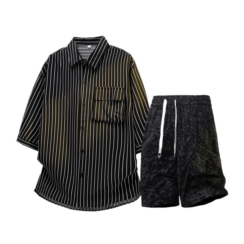 Mens 2 Piece Outfits Striped Short Sleeves Button Down Collared Shirt Matching Shorts Sets