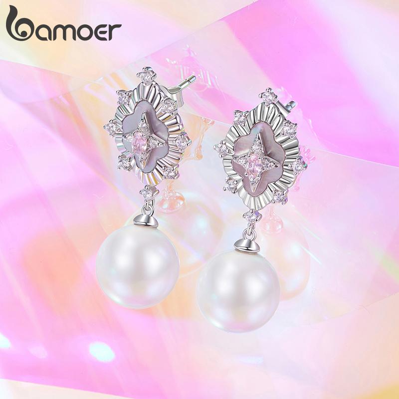 BAMOER Starlight Pink Shell Earrings for Women Trendy White Gold Plated Pearl Drop Dangle Earrings Wedding Party Daily Jewelry