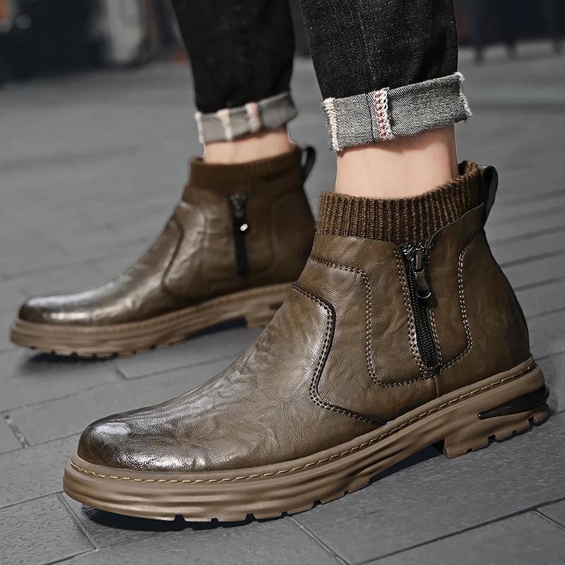 New Men Fashion Ankle Boot Casual Leather Lightweight Side Zipper Outdoor Boot Men Classic Breathable Work Shoes Winter Non Slip