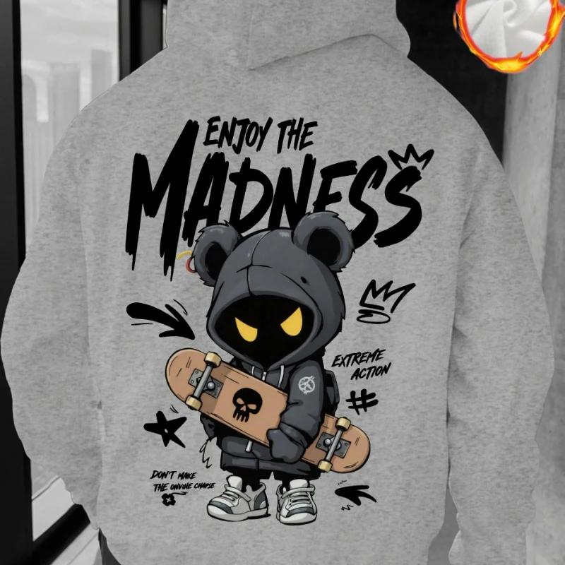 Street‑toy Men Hoodie Back Cool Bear Skate Figure Bold Brush‑font Art Print Pullover For Cool Urban City Casual Scenarios