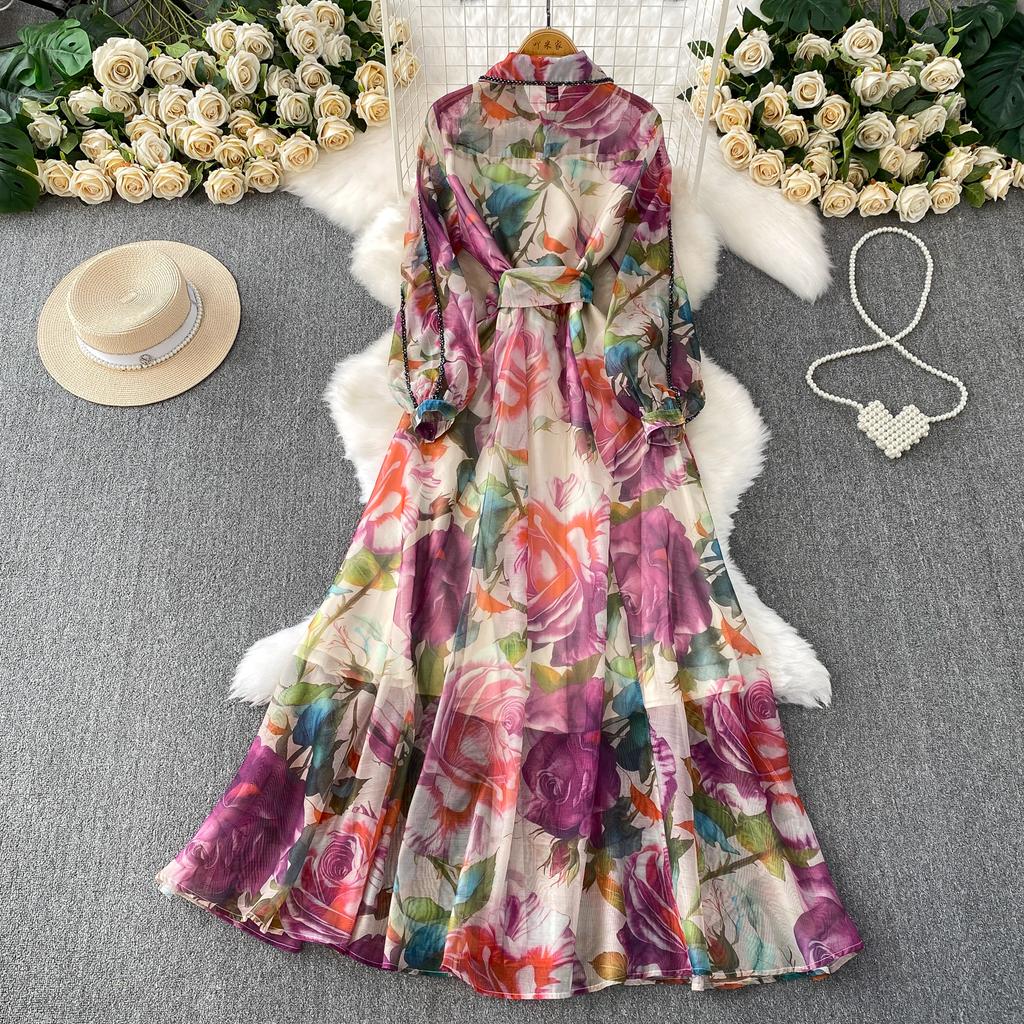 Diamond Embedded Gemstone Collared Long Dr Women's Slimming Beautiful Holiday Print Full Dresses  A-Line Woman Dress