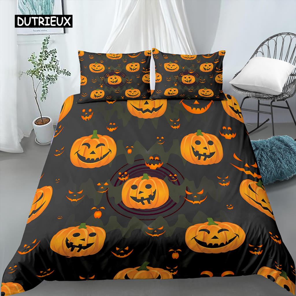 Happy Halloween King Queen Duvet Cover Orange Pumpkin Bedding Set Kids Teens Adults Bats Horror Festival Polyester Quilt Cover