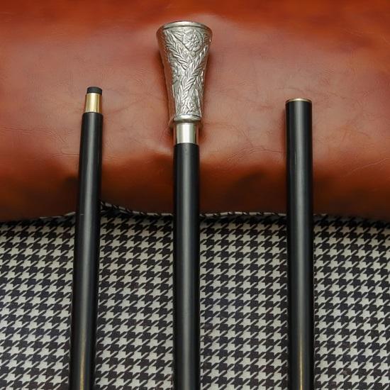 Floral Embossed Silver Tone Walking Cane Gentleman's Detachable Black Wooden Stick