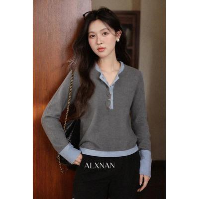 Women's Fake Two-Piece Henley Knit Long Sleeve Top