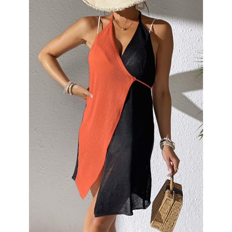 Plus Size Summer Hollow Out Beach Dress Women's Clashing Splicing Sexy Hanging Neck Tie Dress Irregular