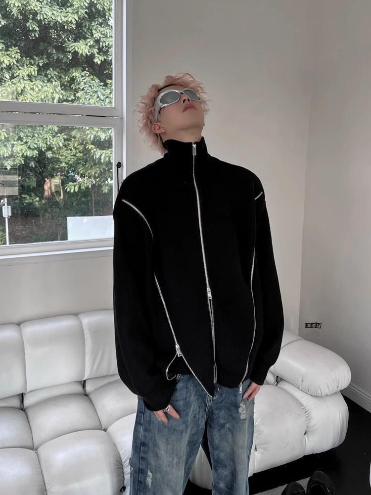 Men s Autumn/Winter Solid Color Heavyweight Zipper Sweater Coat with Stand Collar Medium