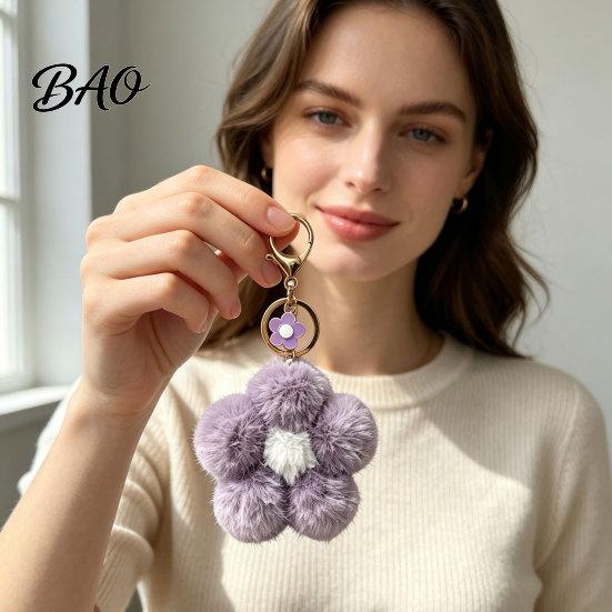 Floral Bag Charm Plush Flower Keychain for Backpack, Fuzzy Keyring Key Holder Charm, Women Girls Handbags Decorative Accessory Fluffy