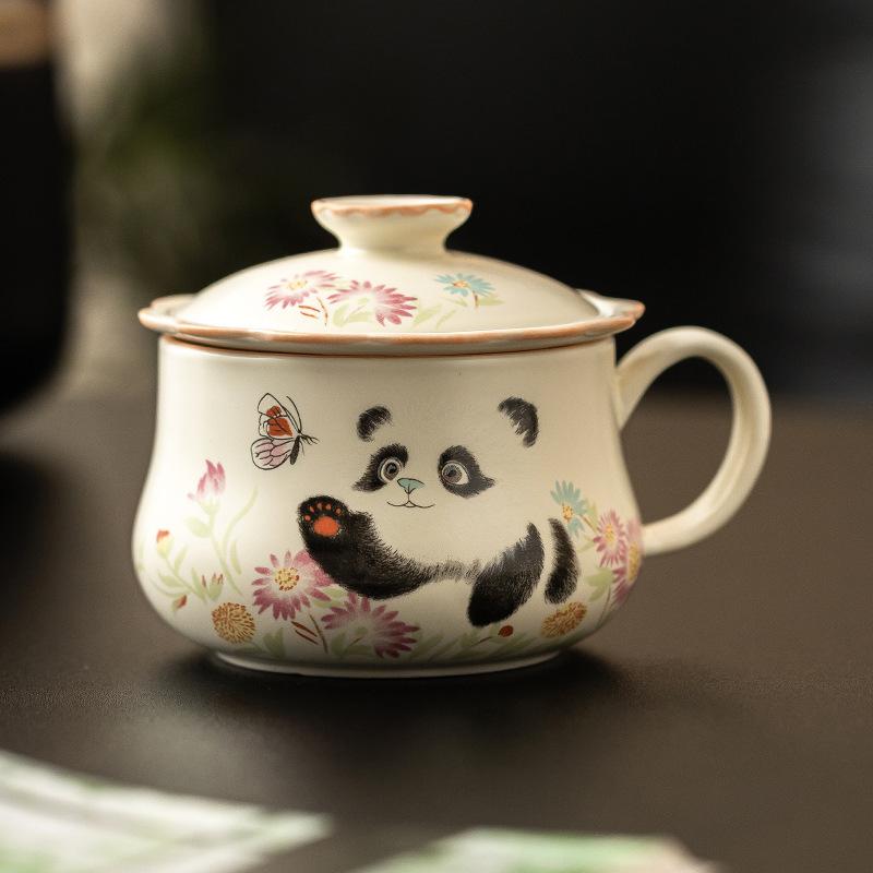 Mi Huang Glazed Panda Play Butterfly Office Separation Mug High Beauty Ceramic Set Tea Tasting Cup