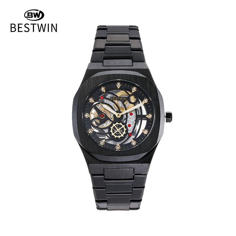 

BESTWIN Мужские модные часы с полым механизмом и застежкой-бабочкой - Кварцевые наручные часы с прозрачной задней крышкой