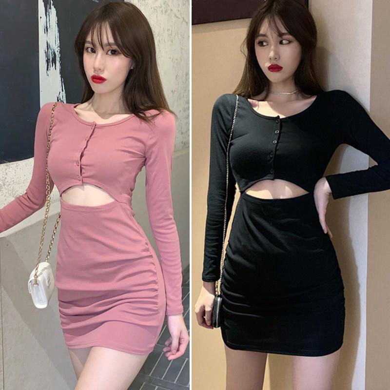 High Waist Line Pleated Temperament Slim Long Sleeve Dress
