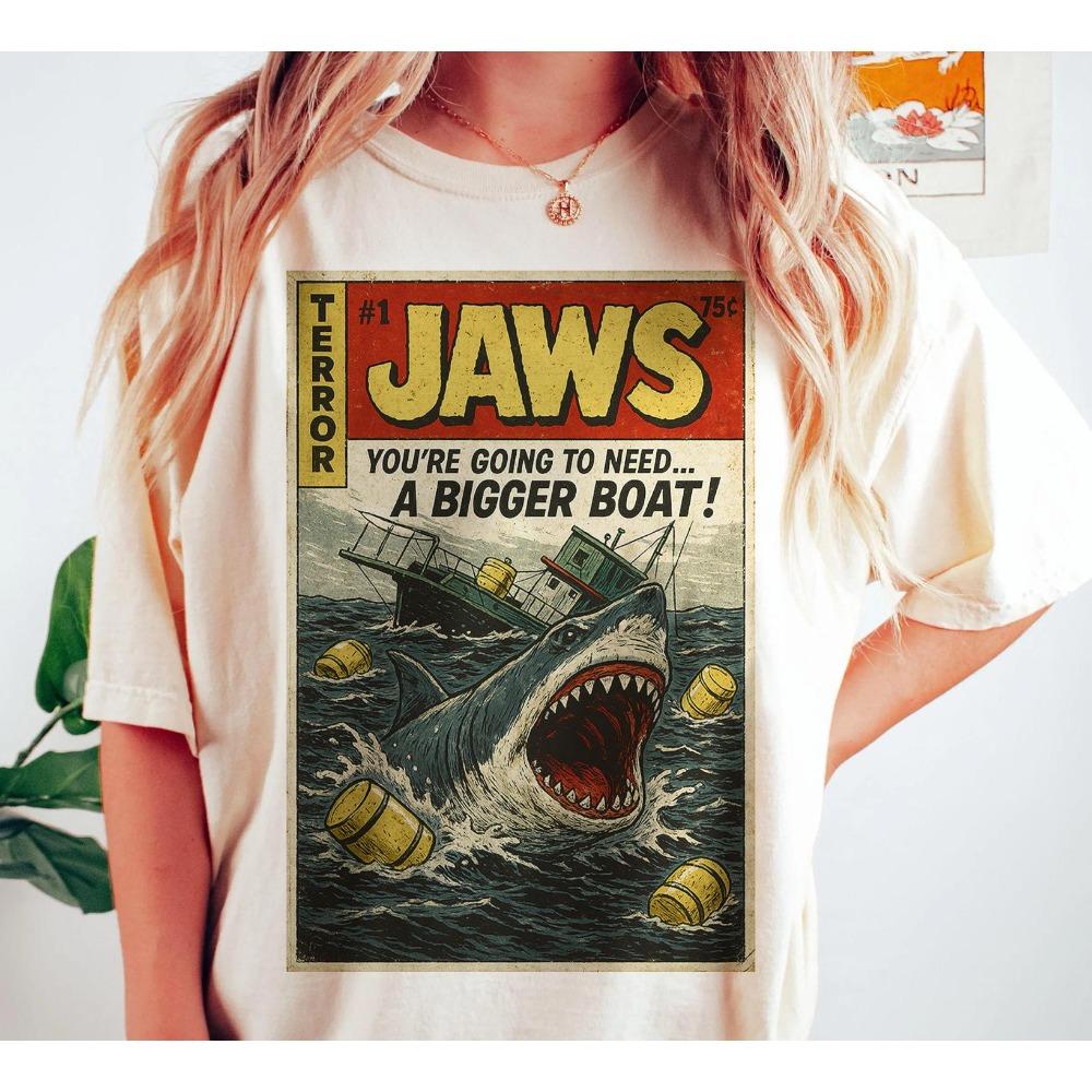 Jaws Themed Tshirt Movie Merchandise Tshirt Summer New Retro Unisex Cotton Casual Fashion Tshirt S