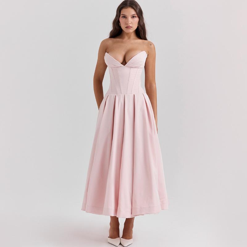 New Sexy Tube Top Deep VA Word Skirt Fashionable Crumpled Sleeveless Backless Long Dress European and American Style Dress