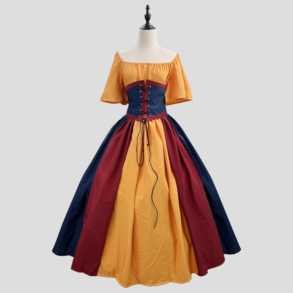Medieval Retro Color Block Off-Shoulder Slim Fit Dress with Fly Sleeves and Big Swing Skirt - Women's Cosplay Costume
