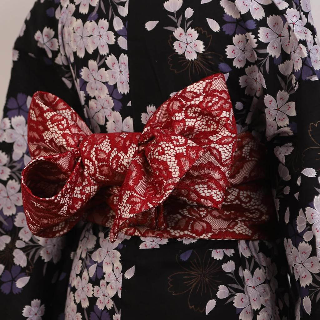 [TOuWA] Half-width Obi (sash), Casual Obi for Women, Adult Size, Year-round Wear, Suitable for Yukata, Lace Pattern, Red.