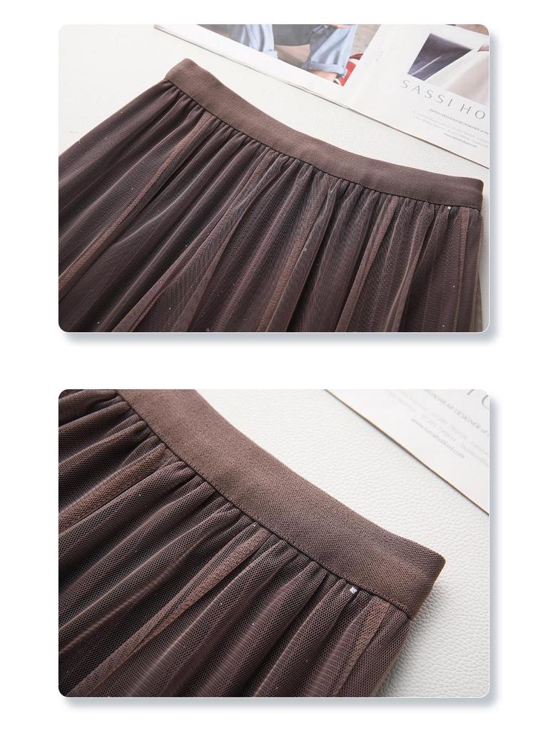 Verlauf Hohe Taille Plissee Midi Rock 2025 Damen Frühling/Herbst Mesh A-Linie Langer Rock