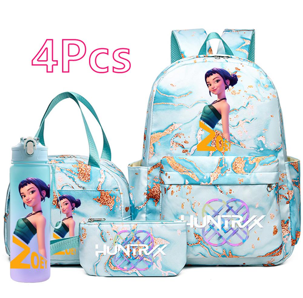 4Pcs/set Cartoon K-Pop Printed Large Capacity Backpack Handbag Pencil Case with 750Ml Water Bottler for Teenager Boy Girl Schoolbag Bookbag Kid Gift