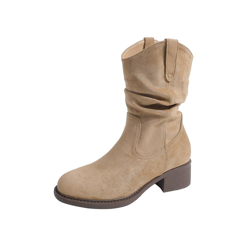 859-1 Retro Ruched Stacked Boots: 2025 Autumn/Winter Square Toe Chunky Heel Fashion Ankle Boots with Inner Height Increase.