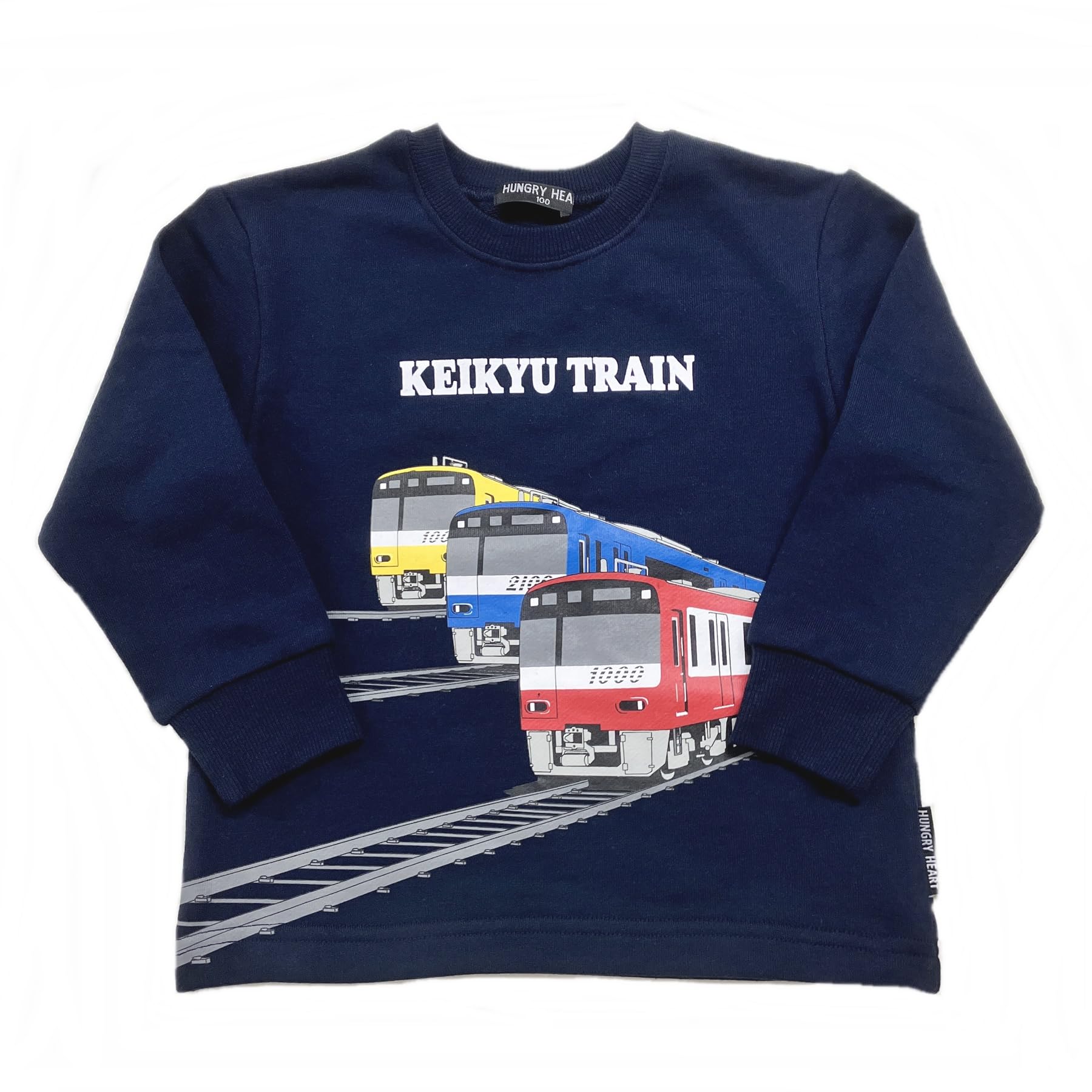 Kiejun Keikyu Railway Kids  Sweatshirt, featuring trains, 2100 and 1000 series trains, railroad crossings, and Keikyu trains. Long-sleeved, suitable f