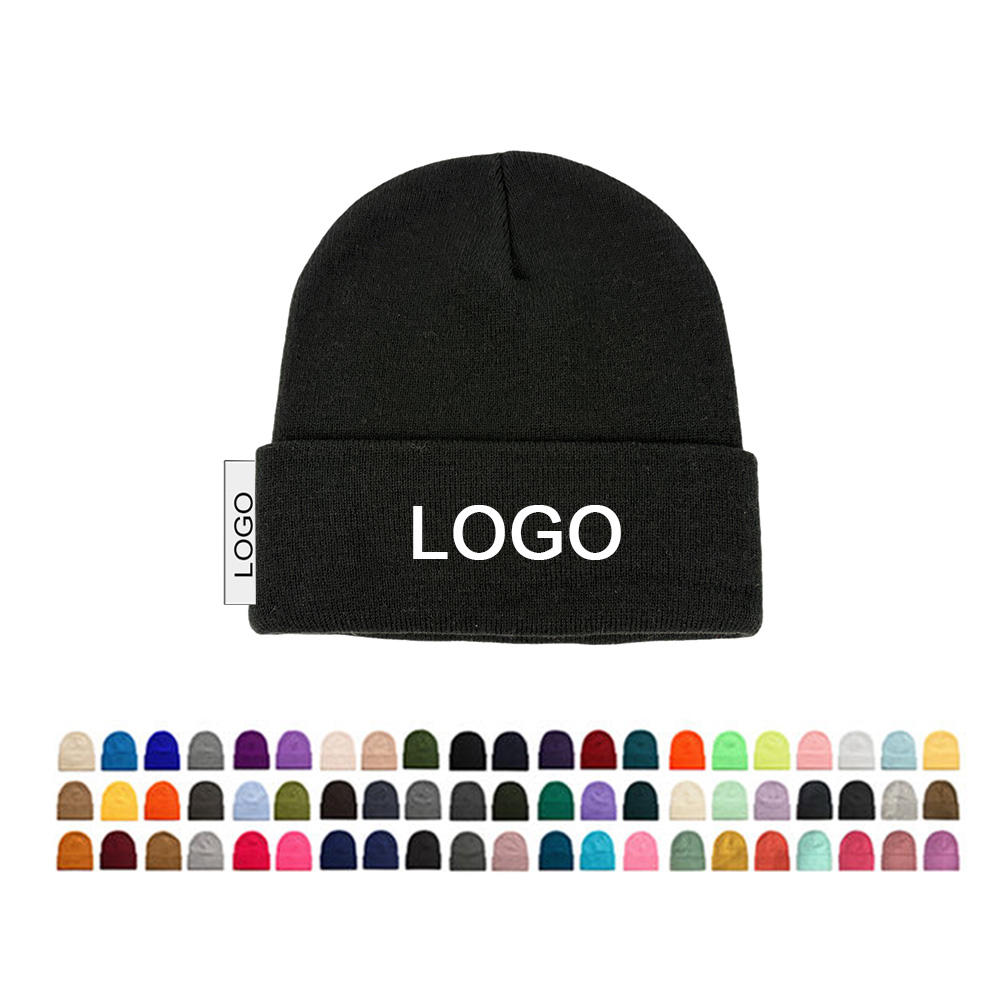 ODM  Fashion  Custom Embroidery Logo Solid Color Acrylic Fiber Warm Winter Knit Beanie Caps