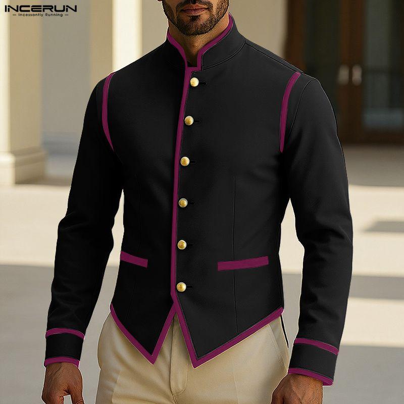 INCERUN Men Stand Neck Long Sleeve Stitching Casual Slim Thin Blazer Suit Coats