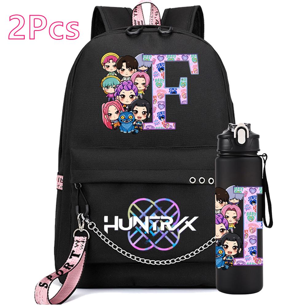 2Pcs/set 26 English Letter K-pop Printed Backpack with 750Ml Water Bottler for Teenager Girl Boy Bookbag Kid Gift Large Capacity Waterproof Travel Bag