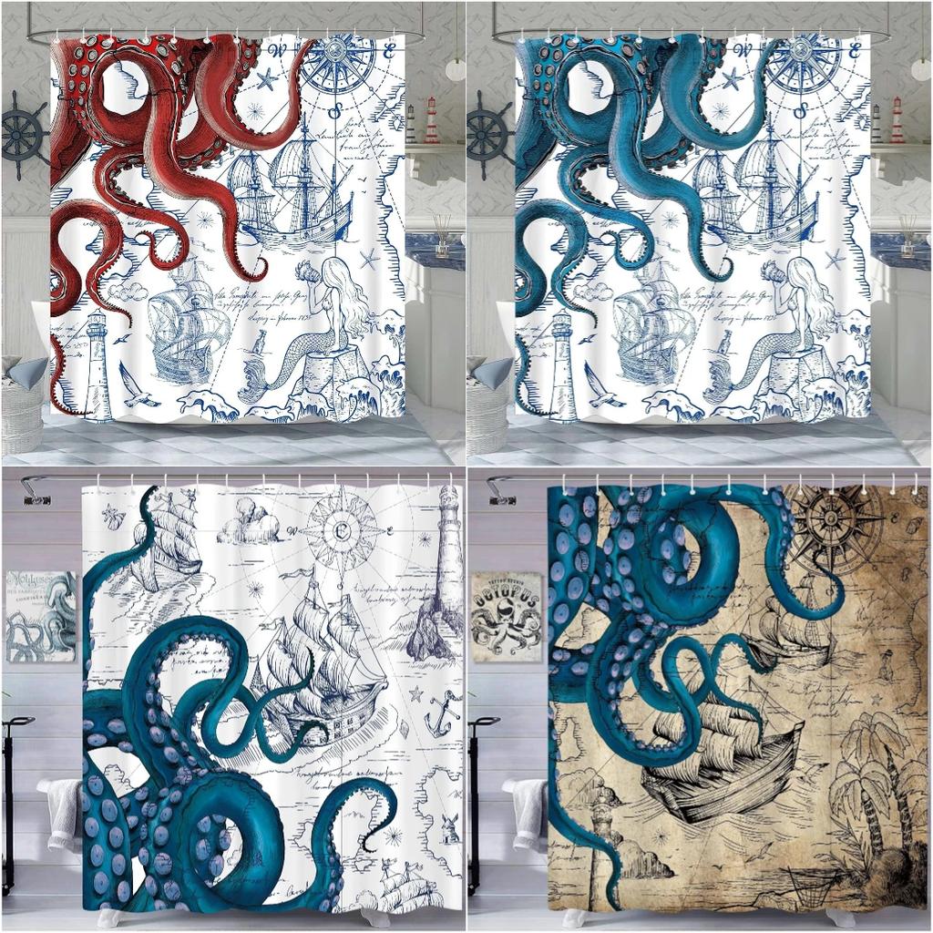 Vintage Nautical Octopus Shower Curtain Blue Mermaid Funny Ocean Kraken Anchor Coastal Map Polyester Fabric Bath Curtain Decor
