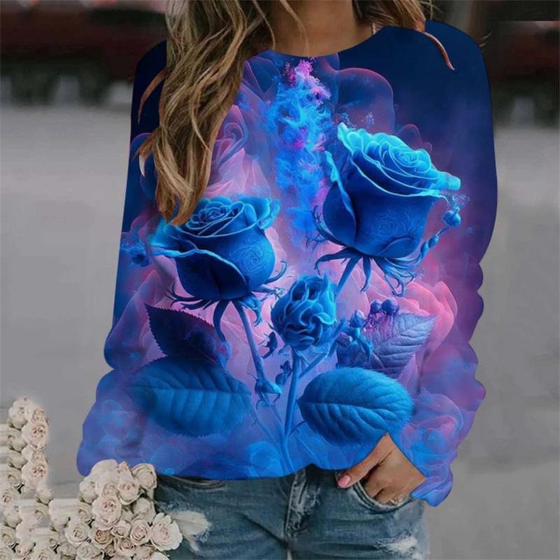 Spring and Autumn Round Neck Rose Flower 3D Printed Top Fashionable Casual Long Sleeved Women's T-shirts