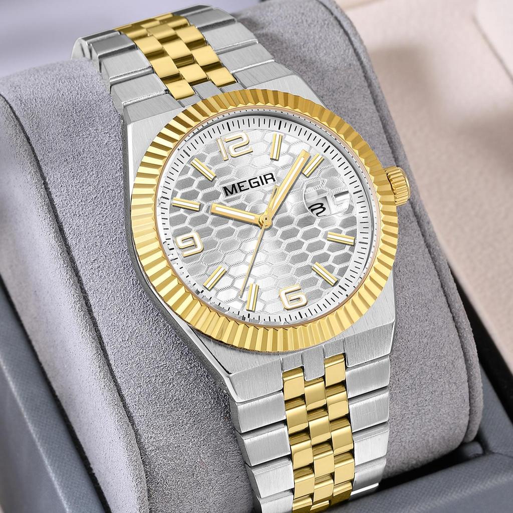 Megir Large Dial Business Leisure Watch Stainless Steel Waterproof Luminous Man Wristwatch Clock Auto Date Gift for Men Reloj Hombre 1101