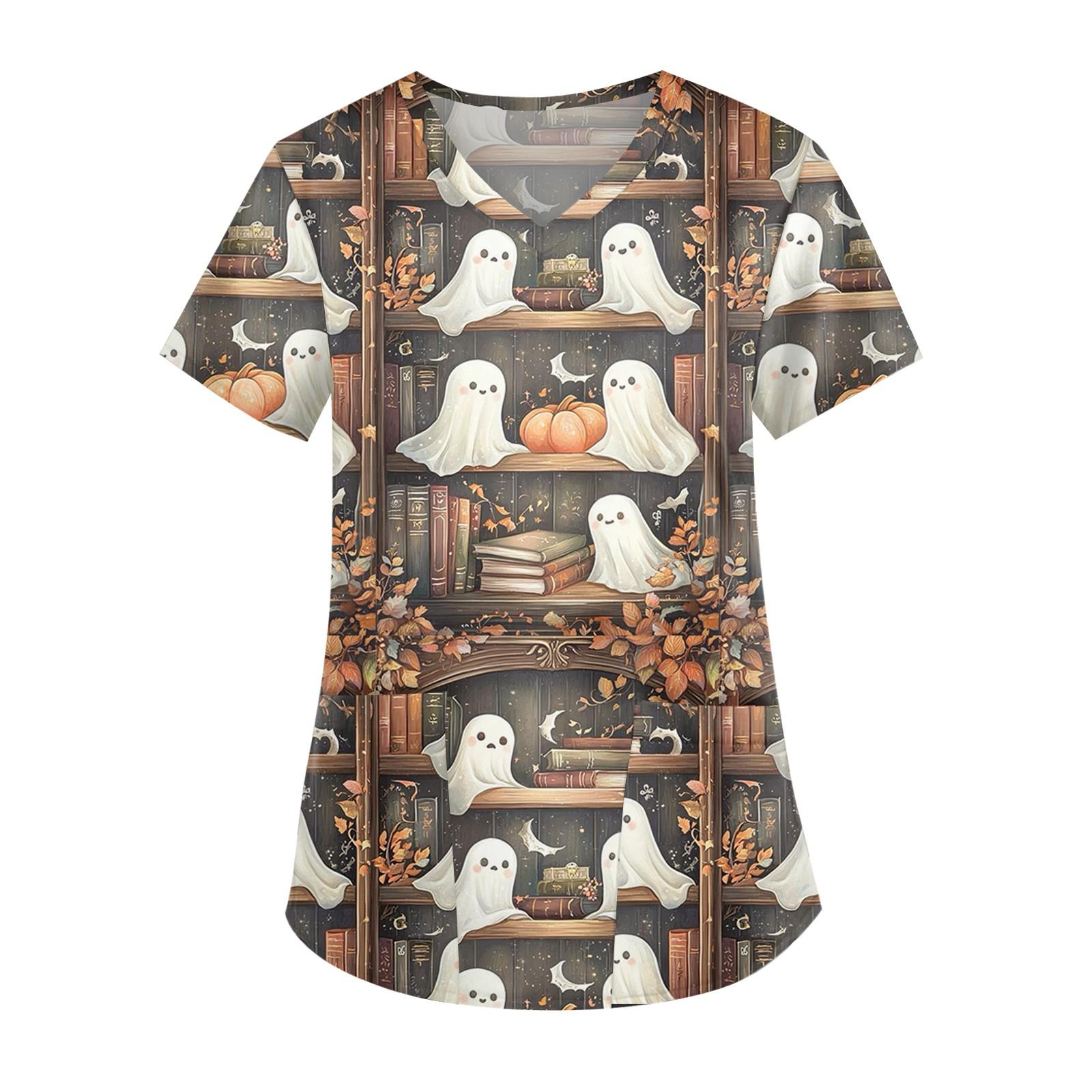 

Fashion V-neck Women s Short Sleeved Work Clothes With Pocket Printed Loose Top XXXXXL