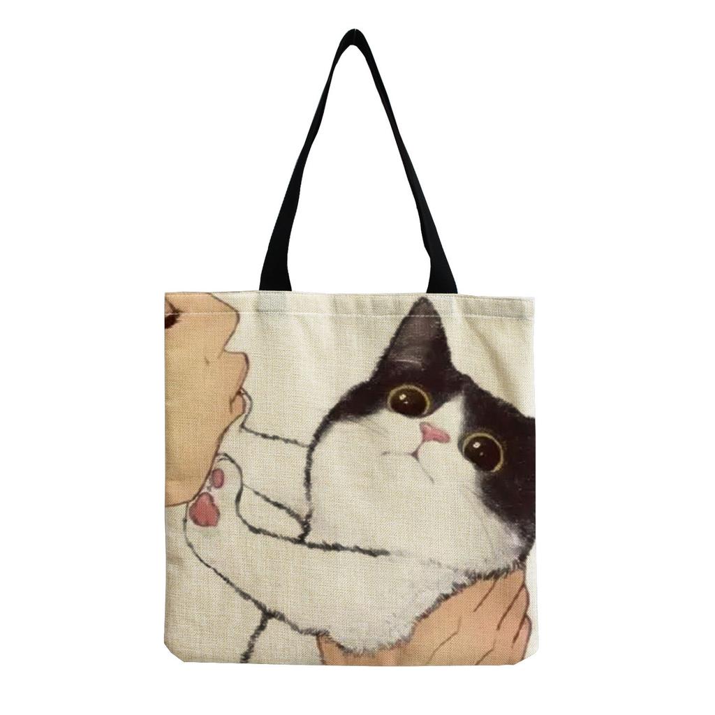 Damen Vintage Leinen-Tragetasche - Große Kapazität Katzen-Print Schulter-Handtasche für Freizeit & Lebensmitteleinkauf KTB