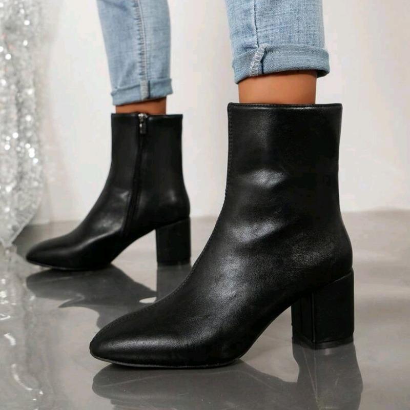 Short boots women's autumn new high heel thick heel small square head side zipper leather boots boos medium tube