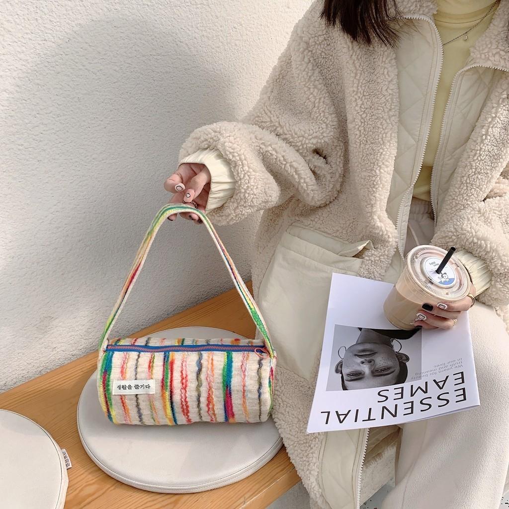 Trendy Street Style Canvas Tote Bag Colorful Stripes Medium Shoulder Bag