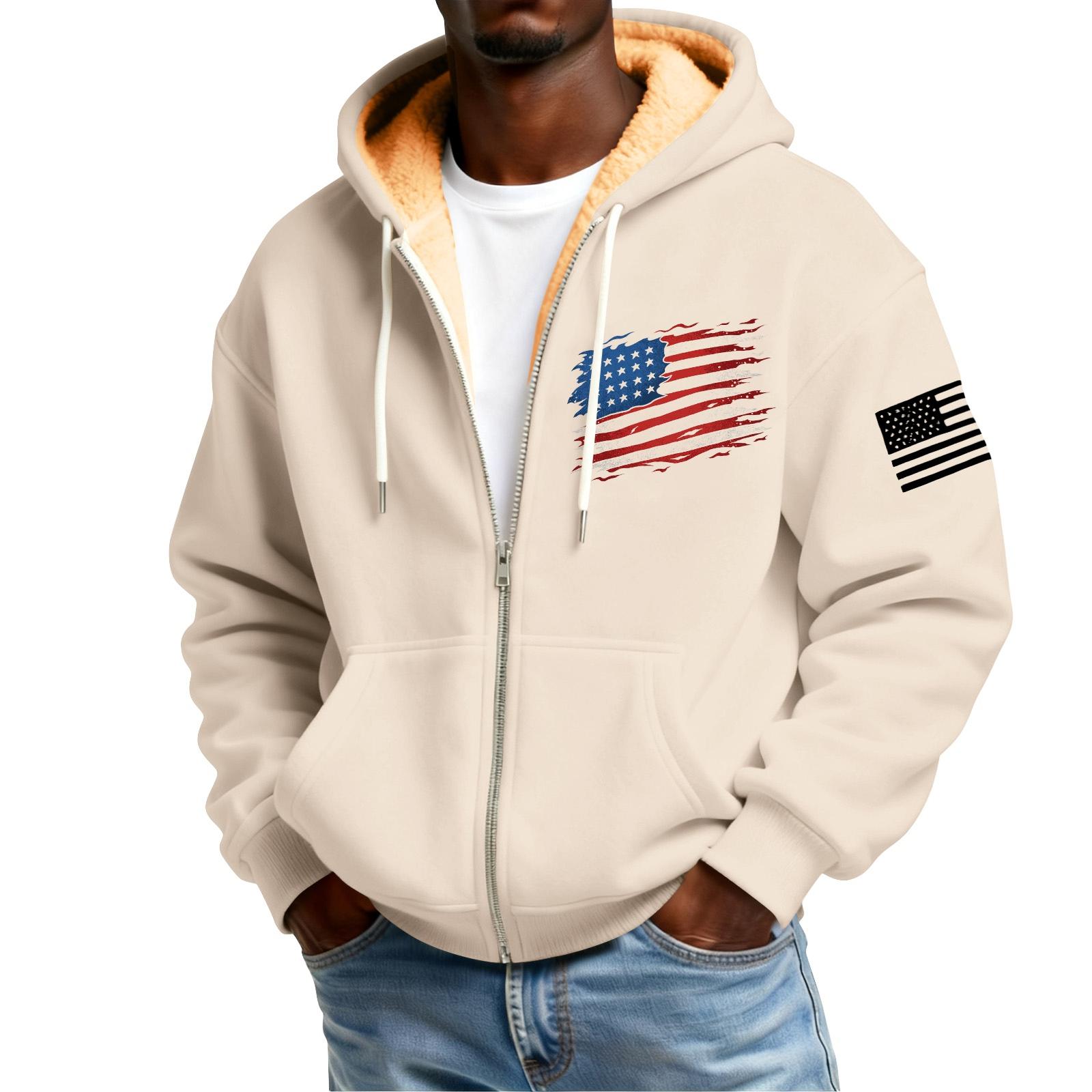 

Чоловічий флісовий кардиган на блискавці з капюшоном та кишенями з принтом прапора Чоловічий повсякденний кардиган XXL бежевий