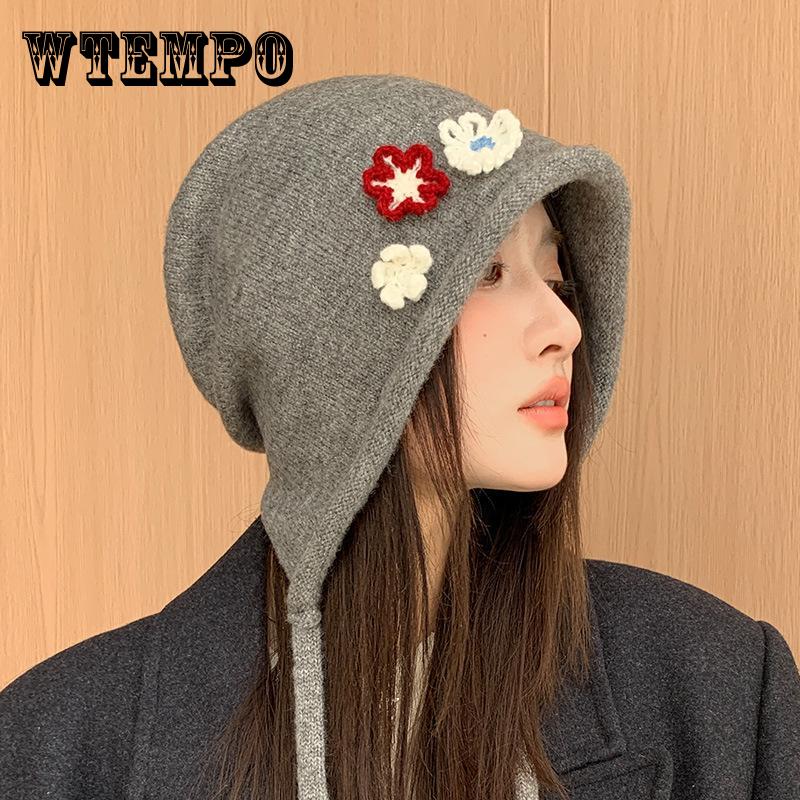 Autumn and Winter Lace-up Hat Women's Windproof and Warm Stack Hat Personalized Flower Hat