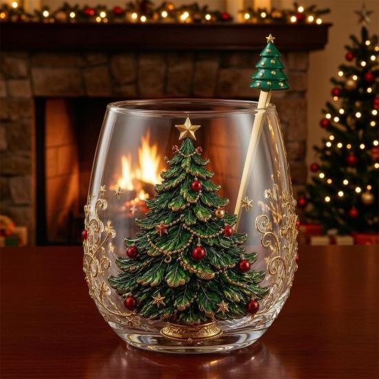 Retro-Stil Feiertagsgeschirr Weihnachts-Glaskunstbecher mit Löffel, Klassischer handbemalter Borosilikat-Design-Becher mit Weihnachtsmann, Rentier, Schneemann, Glasware